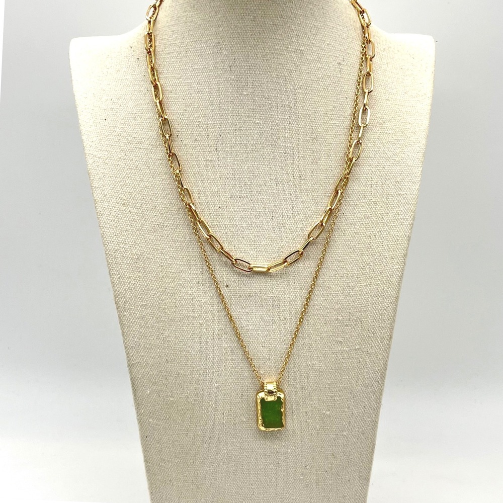 Layered Gold Tone Paperclip Chain Necklace Green Druzy Pendant Rectangle